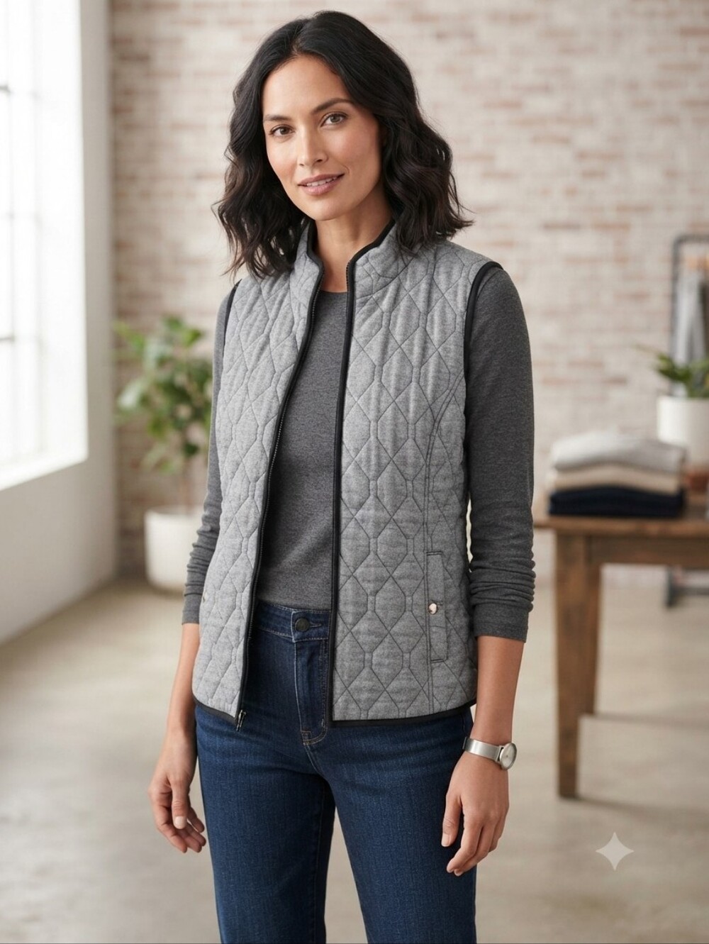 Croft & Barrow Women’s Gray Herringbone Quilted Full Zip Vest Size M Pockets